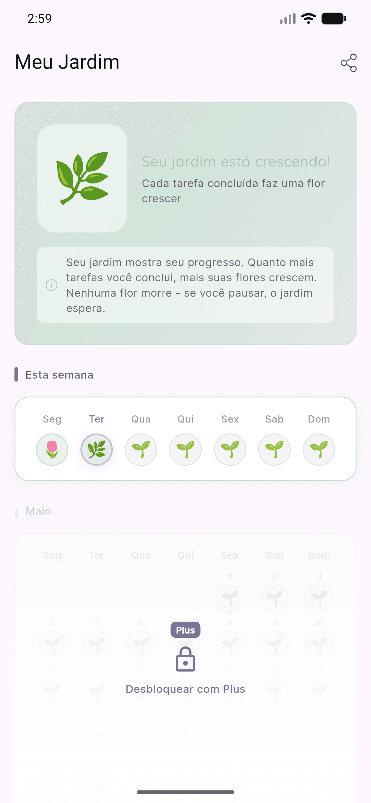 Tela Meu Jardim do Levvi com flores da semana e progresso diário